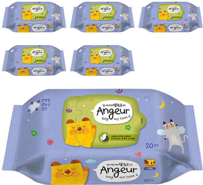 앙쥬르 45 물티슈 휴대용 랜덤 발송, 45g, 20매, 6개