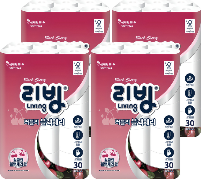 리빙티슈 3겹 러블리 블랙체리 고급롤화장지, 30m, 30롤, 4세트