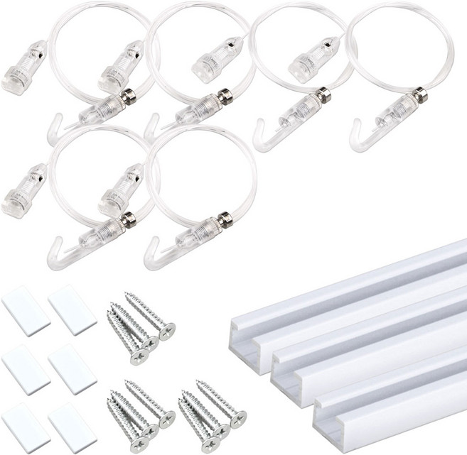 철물백화점 레일걸이 1m + 투명 스타 액자걸이 2p + 목재 피스3p + 마감캡 좌우 세트, 화이트(레일) + 와이어(투명), 3개