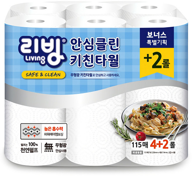 리빙티슈 천연펄프 안심클린 키친타올, 115매, 6개