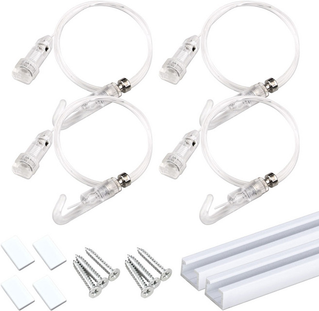 철물백화점 레일걸이 1m + 투명 스타 액자걸이 2p + 목재 피스3p + 마감캡 좌우 세트, 화이트(레일) + 와이어(투명), 2개