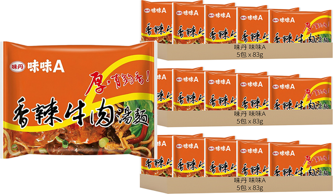 味丹 味味A 香辣牛肉湯麵 83g, 15包