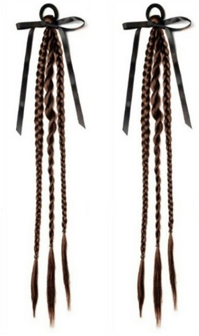 땋기머리 포니테일 양갈래 세가닥 부분 가발, 브라운, 2개