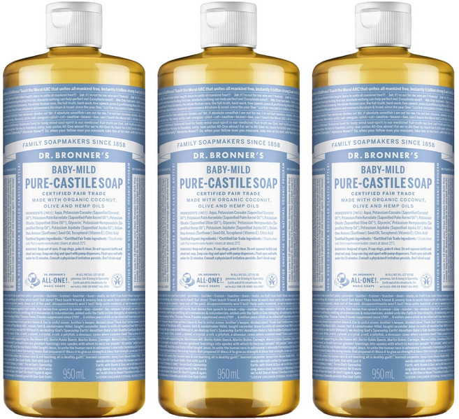 닥터브로너스 베이비 마일드 퓨어 캐스틸 솝 페이스 앤 바디워시, 950ml, 3개