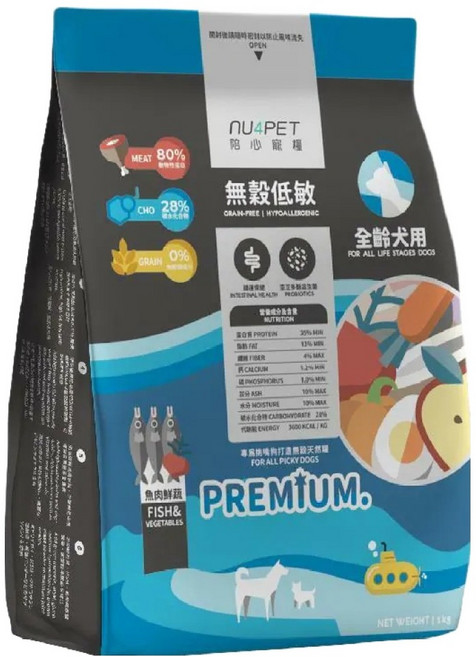 nu4PET 陪心寵糧 全齡犬 無穀低敏乾飼料, 魚肉鮮蔬, 1kg, 1袋