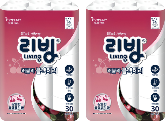 리빙티슈 3겹 러블리 블랙체리 고급롤화장지, 30m, 30롤, 2세트