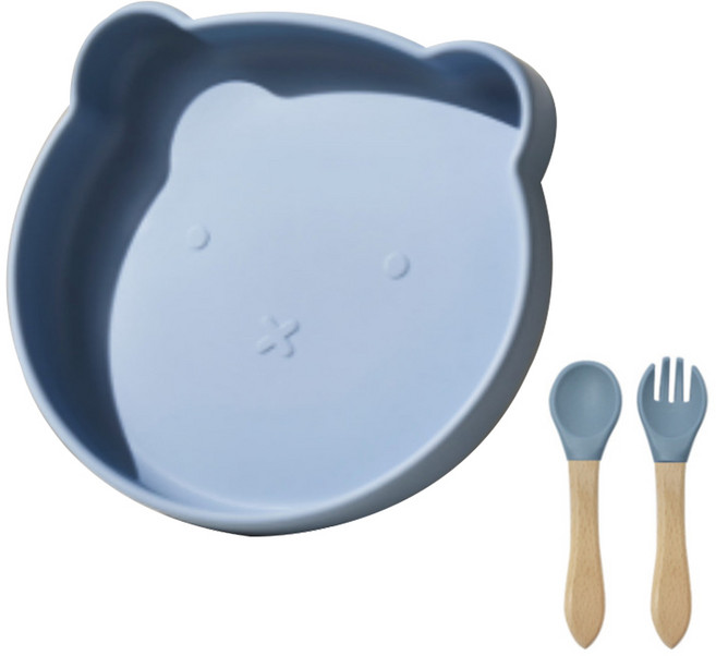 라온담 유아용 곰돌이 실리콘 흡착 식기 세트, 블루, 1세트, 식판 + 스푼 + 포크