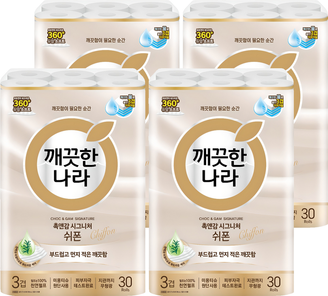 깨끗한나라 촉앤감 시그니처 쉬폰 천연펄프 3겹 고급롤화장지, 27m, 30개입, 4개