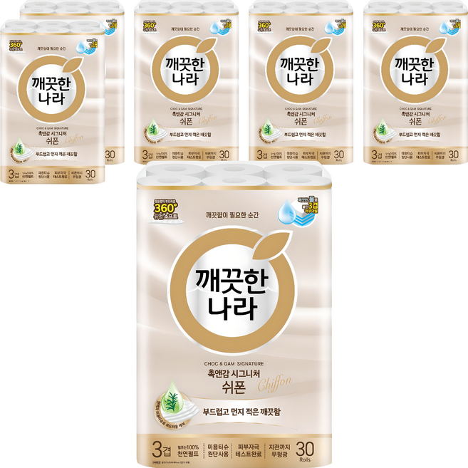 깨끗한나라 촉앤감 시그니처 쉬폰 천연펄프 3겹 고급롤화장지, 27m, 30개입, 6개