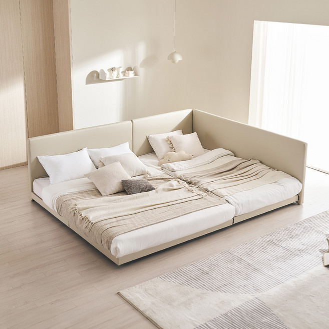 레이디가구 코쿤 슬림 저상형 패밀리침대 Q + SS 프레임 + 측면가드 방문설치, 연베이지