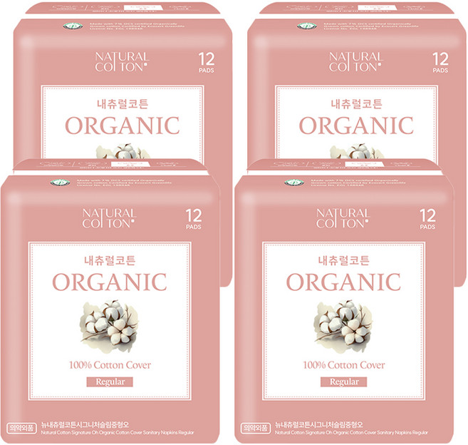 내츄럴코튼 오가닉 슬림 생리대, 중형, 12개입, 4개