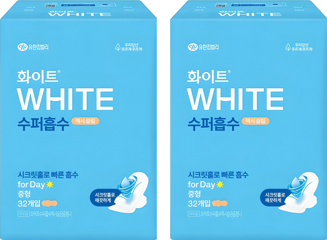 화이트 수퍼흡수 맥시 슬림 생리대 날개형, 중형, 32개입, 2개