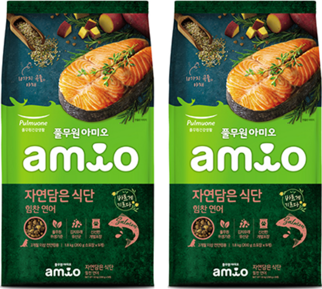풀무원아미오 전연령 강아지 자연담은 식단 건식사료, 연어, 1.8kg, 2개