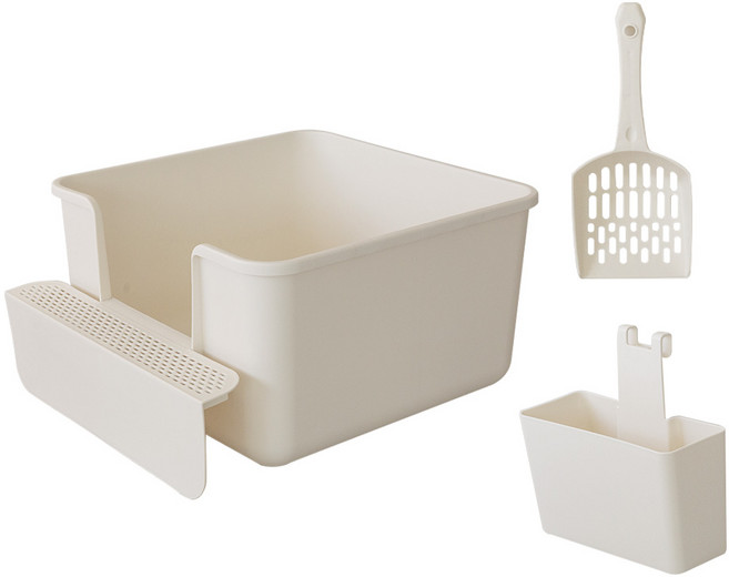 리빙숲 고양이 무이 대형 화장실 + 모래삽 + 발판 거치대 세트, 화이트(화장실), 1세트