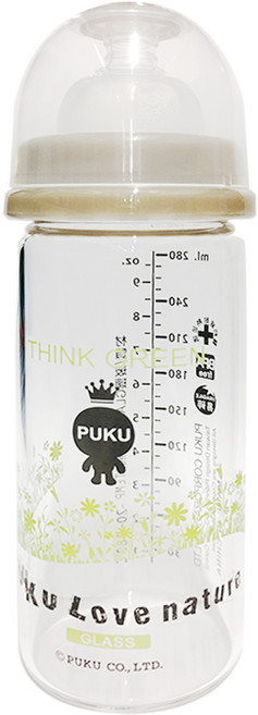 PUKU 藍色企鵝 自然晶透寬口玻璃奶瓶, 透明色, 280ml, 1個