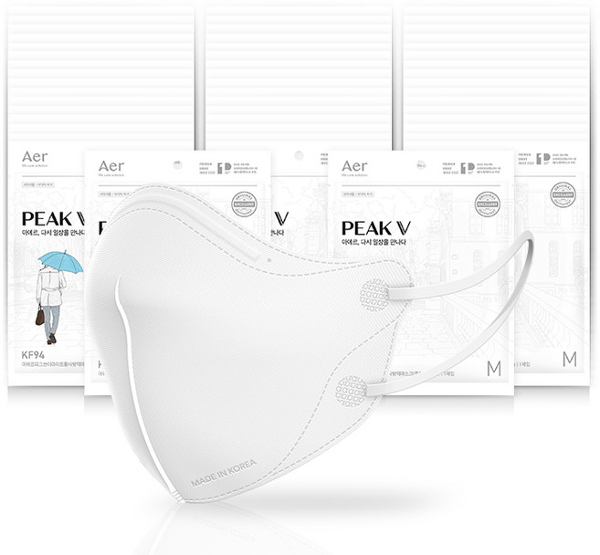 아에르 피크 브이 라이트 황사방역 마스크 중형 KF94, 1개입, 50개, 화이트