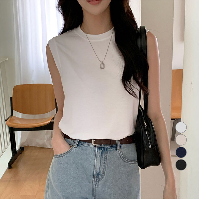 AFINAR 찰랑 레이온 민소매 라운드넥 티셔츠