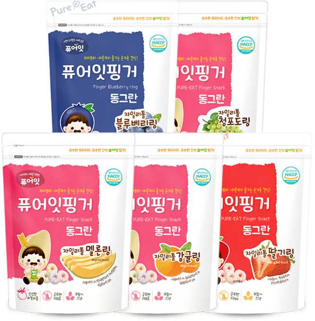 퓨어잇 핑거 동그란 자일리톨 과일링 5종 세트, 딸기, 감귤, 멜론, 청포도, 블루베리, 40g, 1세트