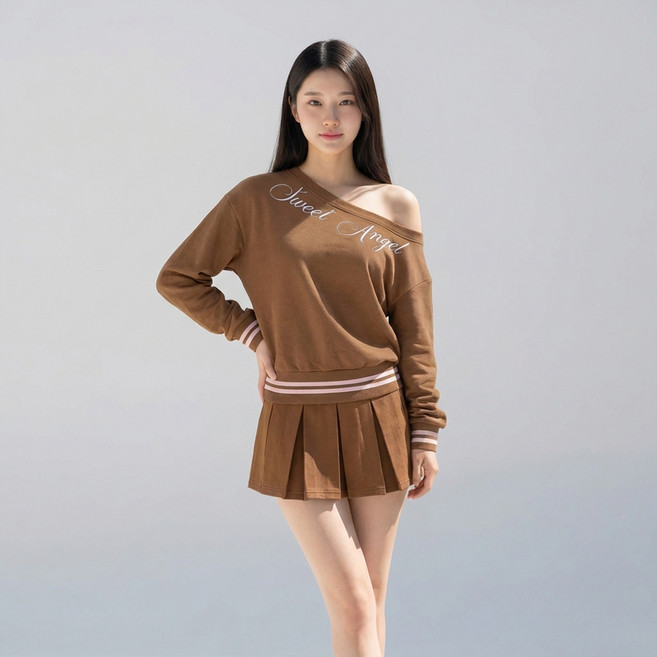 메이첼 트위 레터링 오프숄더 맨투맨 스커트 세트 12376