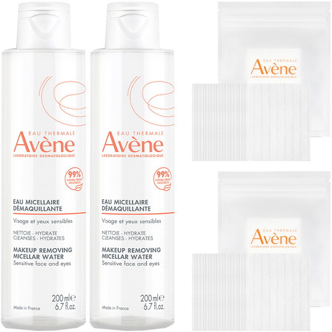 아벤느 미셀라 약산성 클렌징 워터 + 화장솜 20매입 세트, 2개, 200ml