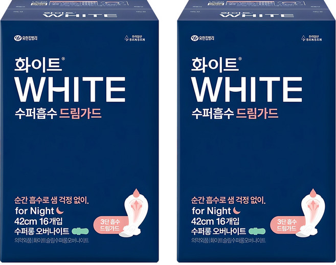 화이트 수퍼흡수 드림가드 생리대 날개형, 슈퍼롱, 16개입, 2개