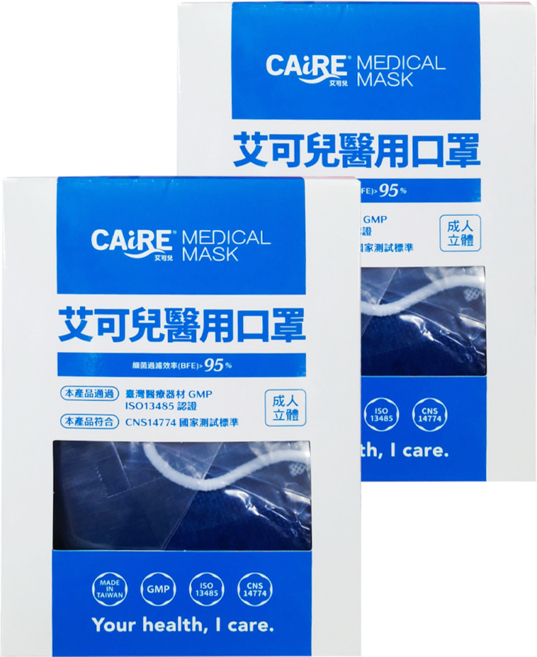 CAiRE 艾可兒 成人2D立體醫用口罩 未滅菌, 50片, 2盒, 海軍藍