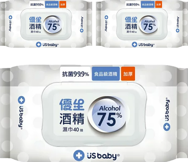 US baby 優生 75%酒精濕巾 超厚型, 1入, 3包