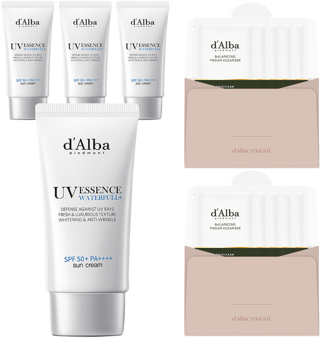 [비건뷰티] 달바 워터풀 에센스 선크림 SPF50+ PA++++ 50ml x 2p + 밸런싱 비건 젤 클렌저 3ml x 5p 세트, 2개