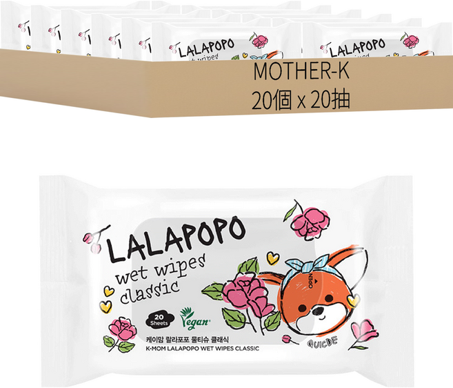MOTHER-K LALAPOPO 大馬士革玫瑰絲柔濕紙巾, 20包, 1組