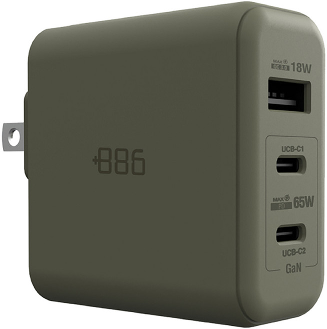 886 極野家 極Hai GaN氮化鎵 65W PD 3孔快充充電器, 軍綠色, 1個
