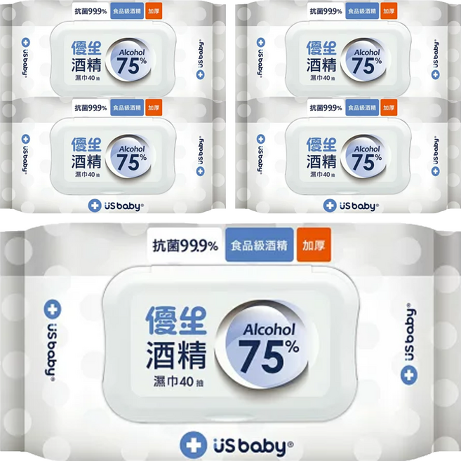 US baby 優生 75%酒精濕巾 超厚型, 1入, 5包