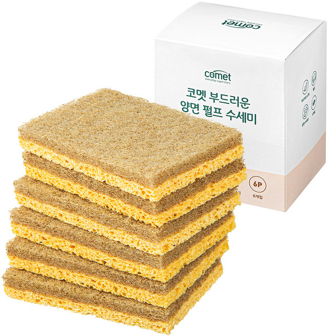 코멧 부드러운 양면 펄프 천연 수세미, 1개, 6개입
