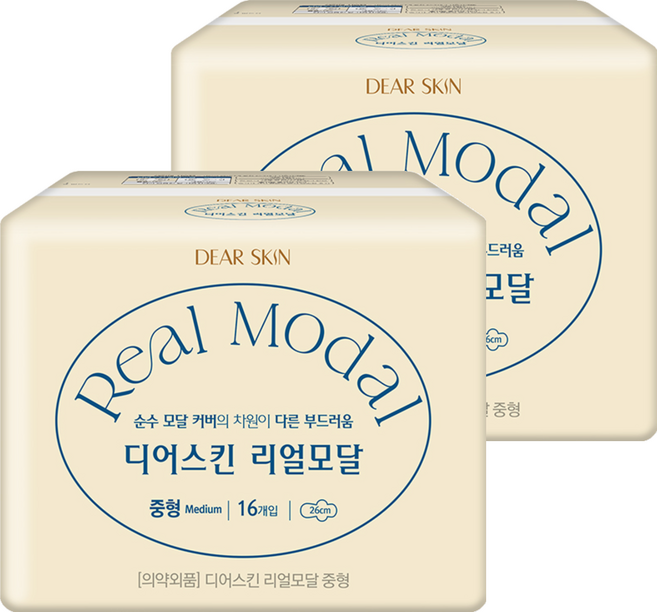 디어스킨 리얼모달 생리대 날개형, 중형, 16개입, 2개
