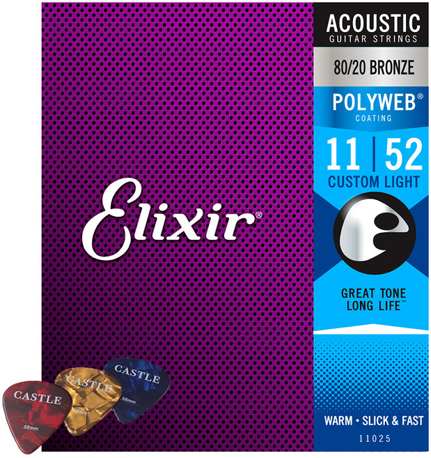 엘릭서 80 / 20 브론즈 커스텀 라이트 어쿠스틱 기타줄 + 캐슬 피크, 11025, 1세트