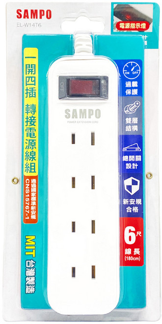 SAMPO 聲寶 一開四插轉接電源線組 2孔 270g, 1.8m, 白色, 1個