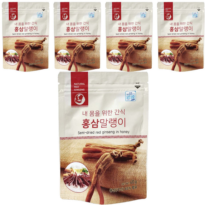 振興高麗人蔘 韓國高麗蜂蜜紅蔘條 健康零食輕巧小包裝, 40g, 5包