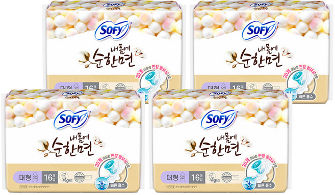 쏘피 내몸에 순한면 에이 생리대 날개형, 대형, 16개입, 4개