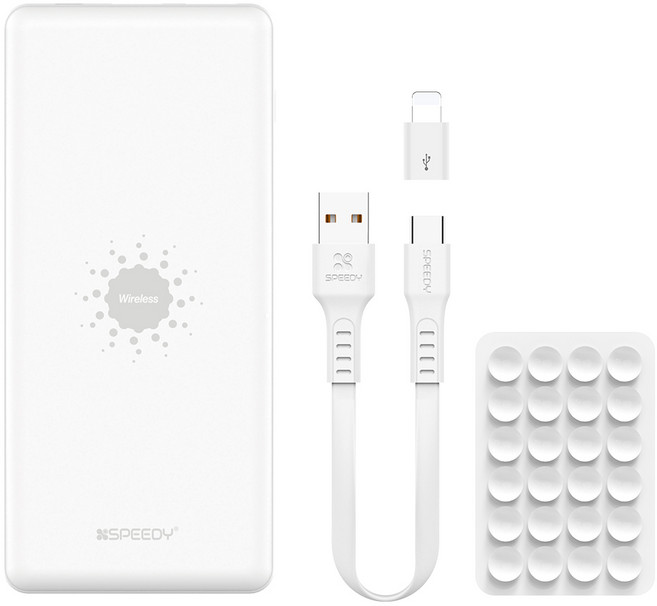 스피디 퓨어멀티W 보조배터리 10000mAh + C타입 케이블 + 8핀 젠더 + 흡착패드, SPE-PA102A5W, WHITE