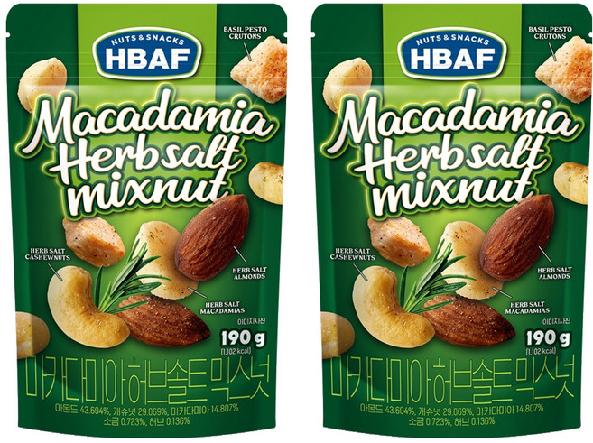 HBAF 마카다미아 허브솔트 믹스넛, 190g, 2개