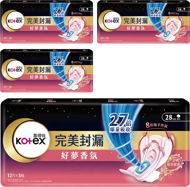 Kotex 靠得住 完美封漏 好夢香氛衛生棉 護翼型, 夜用型(28cm), 36片, 4組