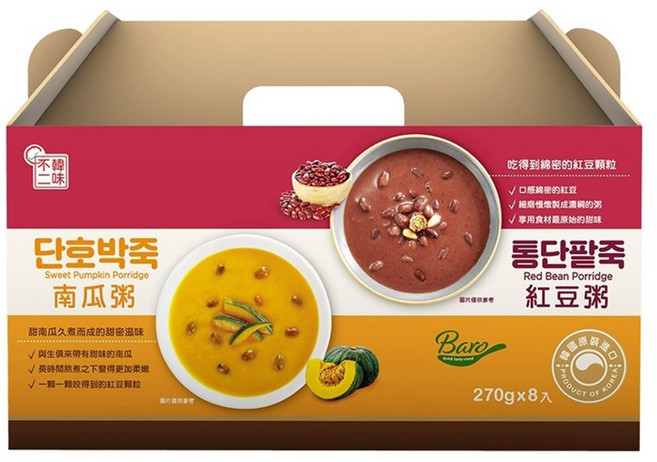 OURHOME 愛味弘 粥禮盒 紅豆*4入+南瓜*4入, 2.16kg, 1盒