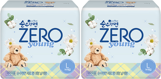 순수한면 제로 영 생리대 날개형, 대형, 14개입, 2개