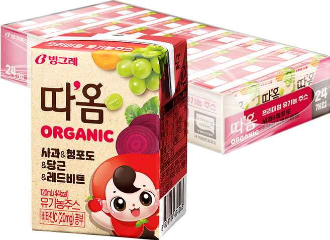 따옴 오가닉 주스 사과 & 청포도 & 당근 & 레드비트, 120ml, 24개