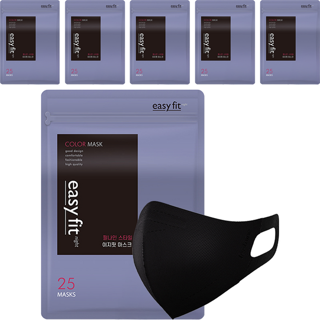 필나인 귀편한 이지핏 2D 새부리형 컬러 마스크 소형, 25개입, 6개, 시크 블랙