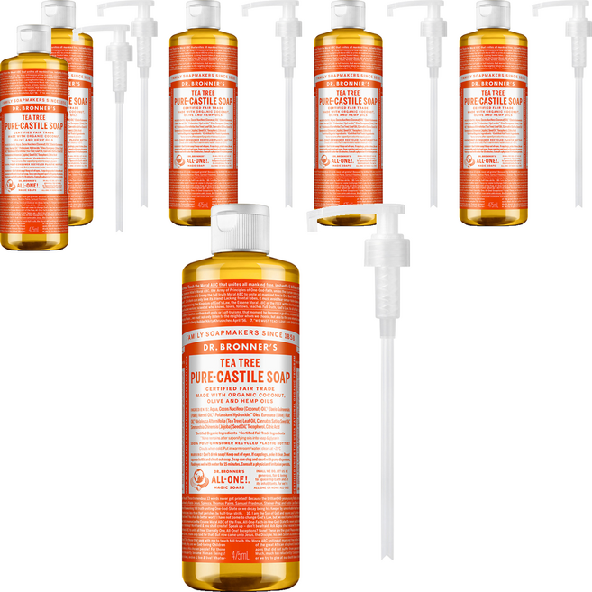 닥터브로너스 퓨어 캐스틸 솝 페이스 앤 바디워시 티트리 2p + 펌프 1p, 475ml, 6개