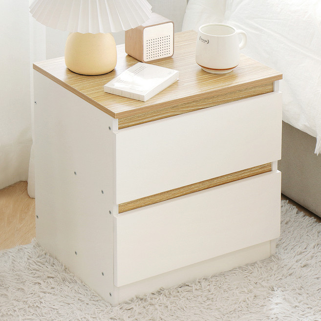 코멧 홈 베이직 2단 서랍 침대 사이드 협탁, 원목 + 화이트, 1개