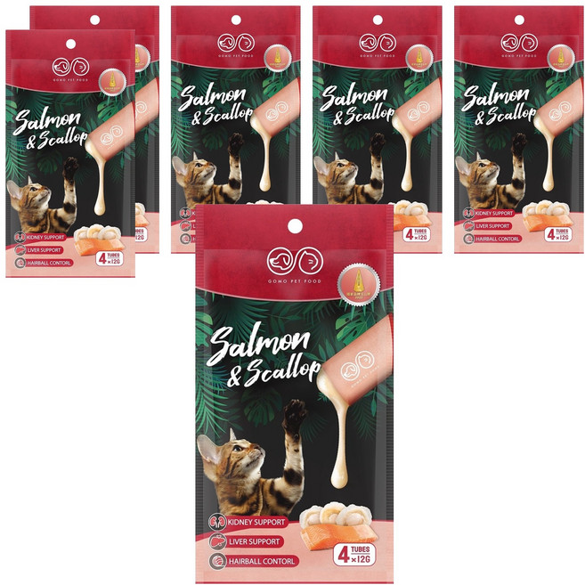 GOMO PET FOOD 寵貓專用營養肉泥條, 鮭魚 + 干貝, 48g, 6袋