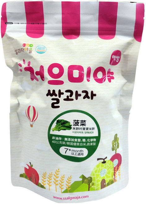 Ssalgwaja 米餅村 寶寶米餅 菠菜 7個月以上適用, 40g, 1包
