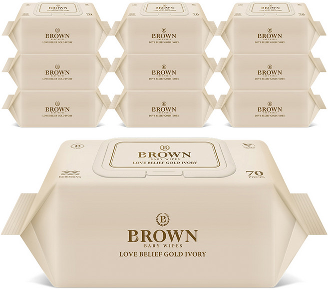 브라운 러브 빌리프 골드 아이보리 아기물티슈 캡형, 82g, 70매, 10개