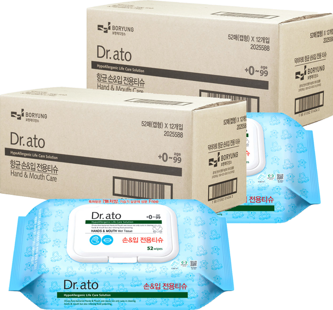 닥터아토 손 입 전용티슈 캡형, 60g, 52개입, 24개